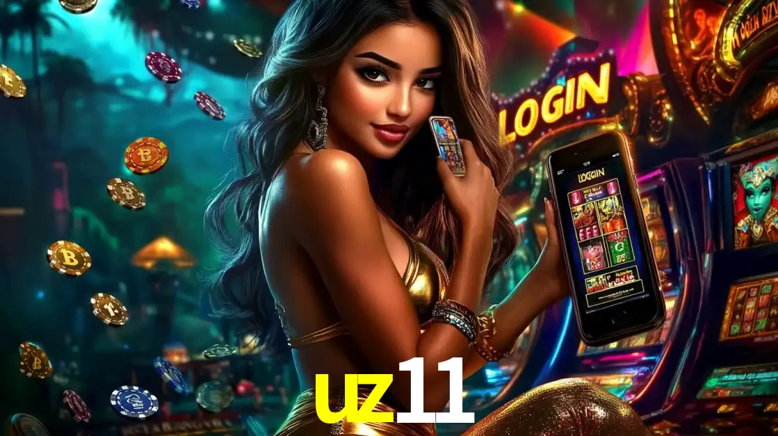 Mulher em um cenário de cassino temático de aventura, mostrando o app de caça-níqueis da uz11 no celular. Fichas de apostas flutuam ao redor.