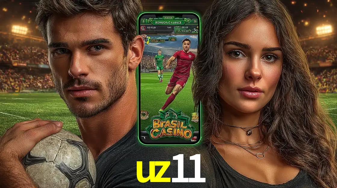 Homem segurando uma bola de futebol e uma mulher ao lado de um smartphone exibindo o jogo de apostas esportivas da uz11. Faça seu palpite no cassino online.